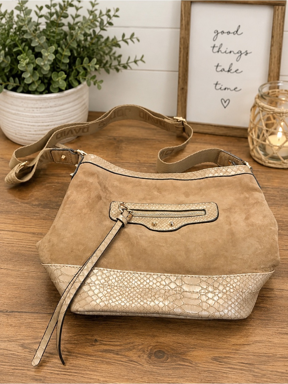 David Jones Paris Tan Shoulder Bag Faux Snakeskin Gold Tone